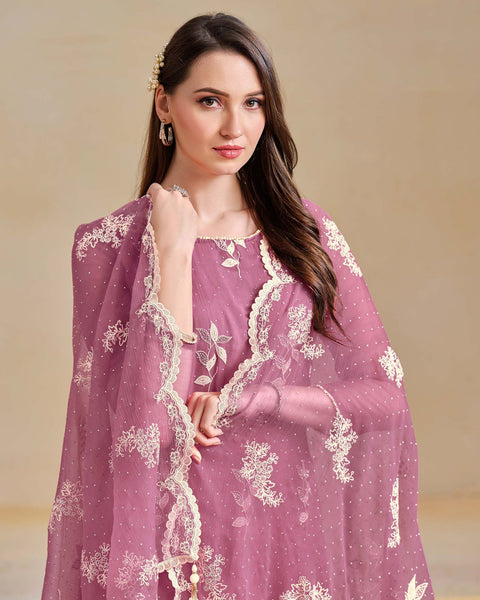 Mauve Organza Chiffon Thread Swarovski Work Women Unstitched Churidar Suit