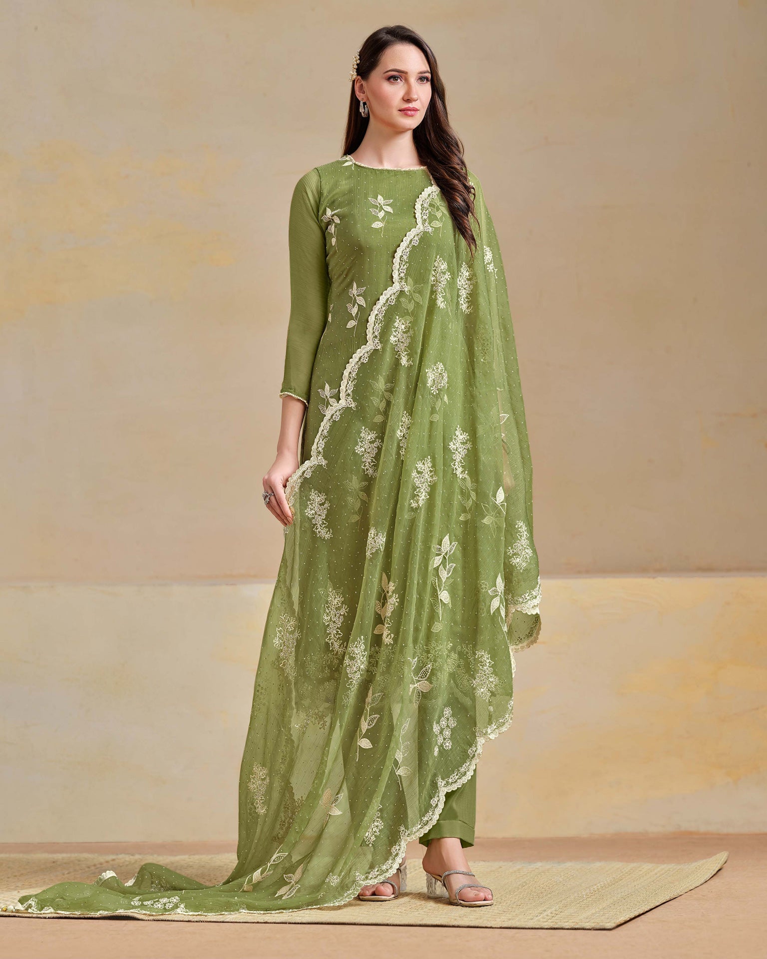 Mehandi Green Organza Chiffon Thread Swarovski Work Women Unstitched Churidar Suit