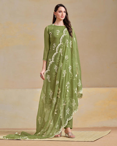Mehandi Green Organza Chiffon Thread Swarovski Work Women Unstitched Churidar Suit