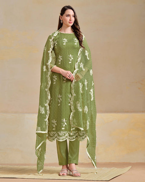 Mehandi Green Organza Chiffon Thread Swarovski Work Women Unstitched Churidar Suit