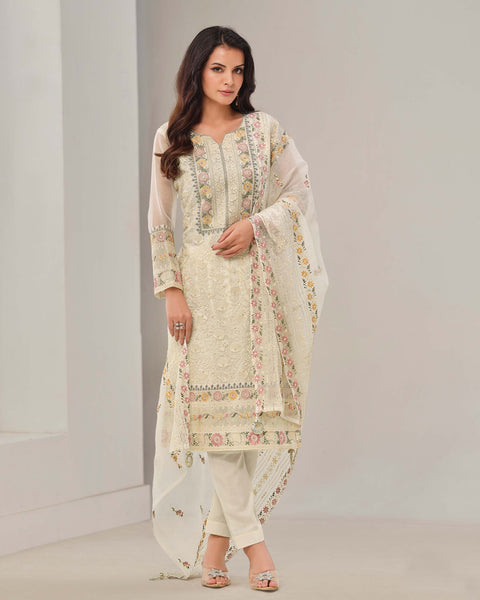 Off White Women Plus Size Customized Thread & Zarkan Work Organza Chiffon Churidar Suit With Dupatta