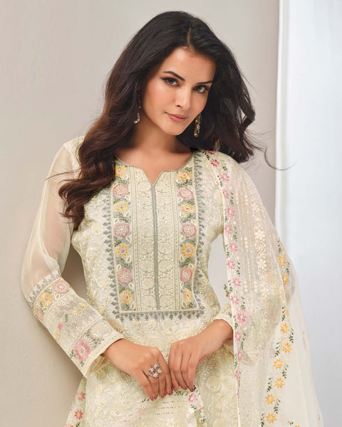 Off White Women Plus Size Customized Thread & Zarkan Work Organza Chiffon Churidar Suit With Dupatta