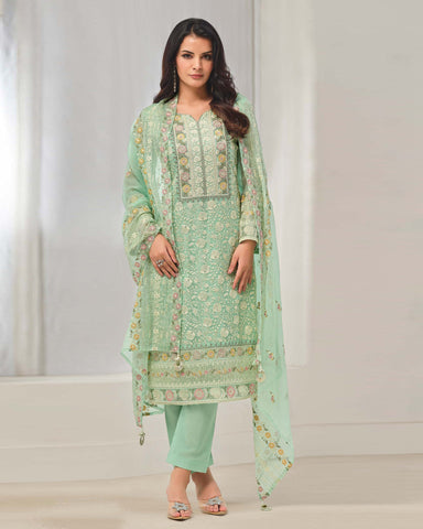 Sea Green Women Plus Size Customized Thread & Zarkan Work Organza Chiffon Churidar Suit With Dupatta