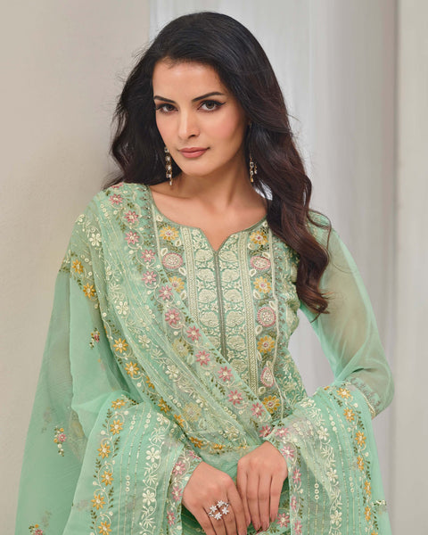 Sea Green Women Plus Size Customized Thread & Zarkan Work Organza Chiffon Churidar Suit With Dupatta