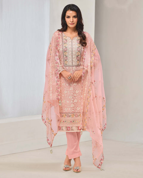 Pink Women Plus Size Customized Thread & Zarkan Work Organza Chiffon Churidar Suit With Dupatta