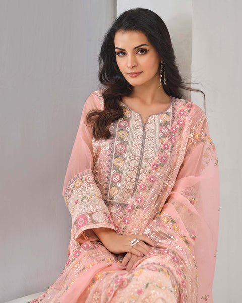 Pink Women Plus Size Customized Thread & Zarkan Work Organza Chiffon Churidar Suit With Dupatta