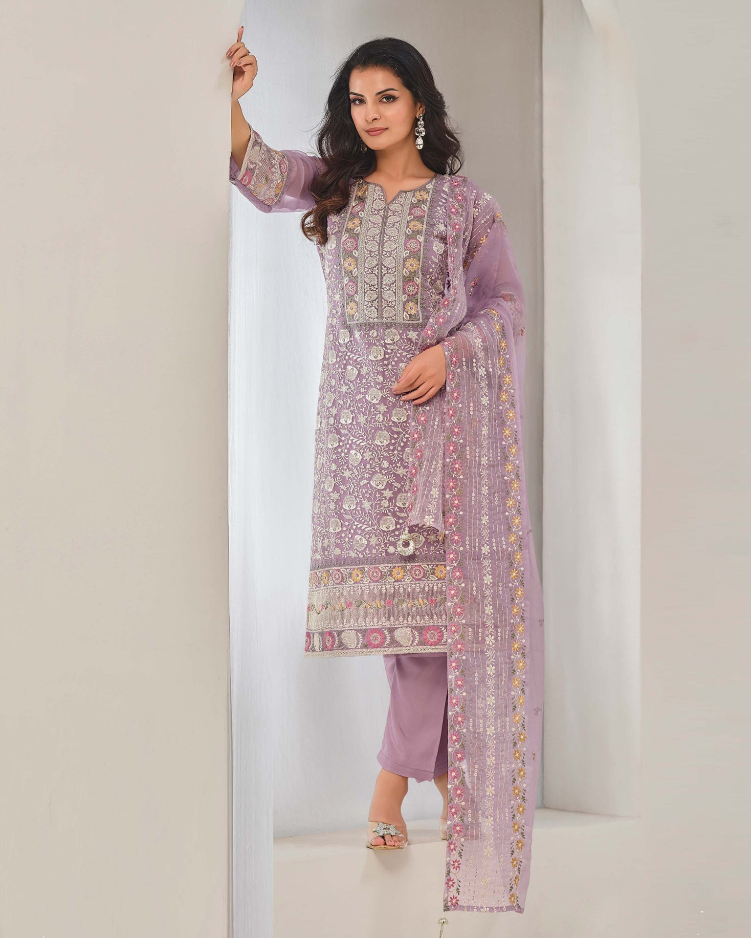 Purple Women Plus Size Customized Thread & Zarkan Work Organza Chiffon Churidar Suit With Dupatta