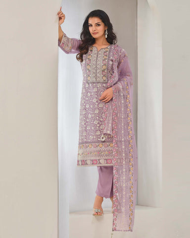 Purple Women Plus Size Customized Thread & Zarkan Work Organza Chiffon Churidar Suit With Dupatta