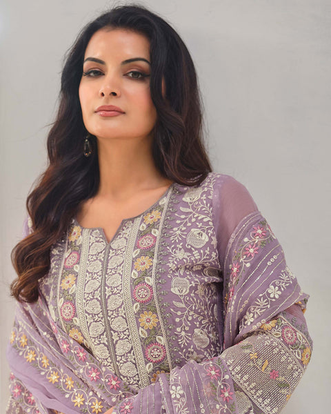 Purple Women Plus Size Customized Thread & Zarkan Work Organza Chiffon Churidar Suit With Dupatta