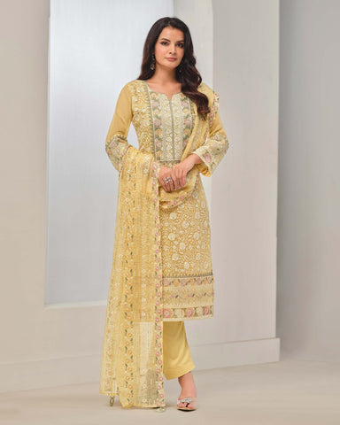 Yellow Women Plus Size Customized Thread & Zarkan Work Organza Chiffon Churidar Suit With Dupatta