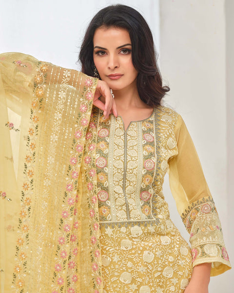 Yellow Women Plus Size Customized Thread & Zarkan Work Organza Chiffon Churidar Suit With Dupatta