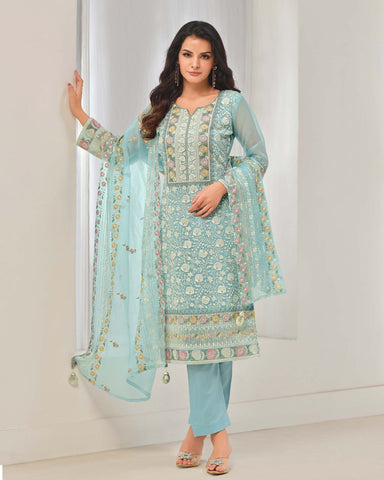 Sky Blue Women Plus Size Customized Thread & Zarkan Work Organza Chiffon Churidar Suit With Dupatta