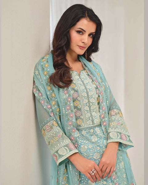 Sky Blue Women Plus Size Customized Thread & Zarkan Work Organza Chiffon Churidar Suit With Dupatta