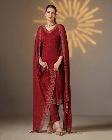 Maroon Women Plus Size Customized Swarovski Work Satin Chiffon Churidar Suit With Chiffon Dupatta