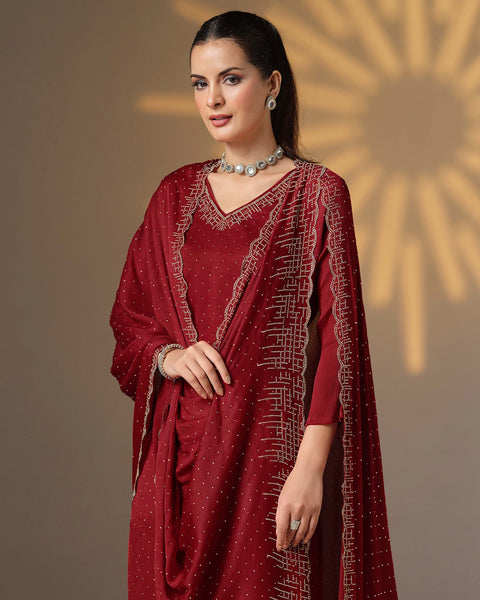 Maroon Women Plus Size Customized Swarovski Work Satin Chiffon Churidar Suit With Chiffon Dupatta