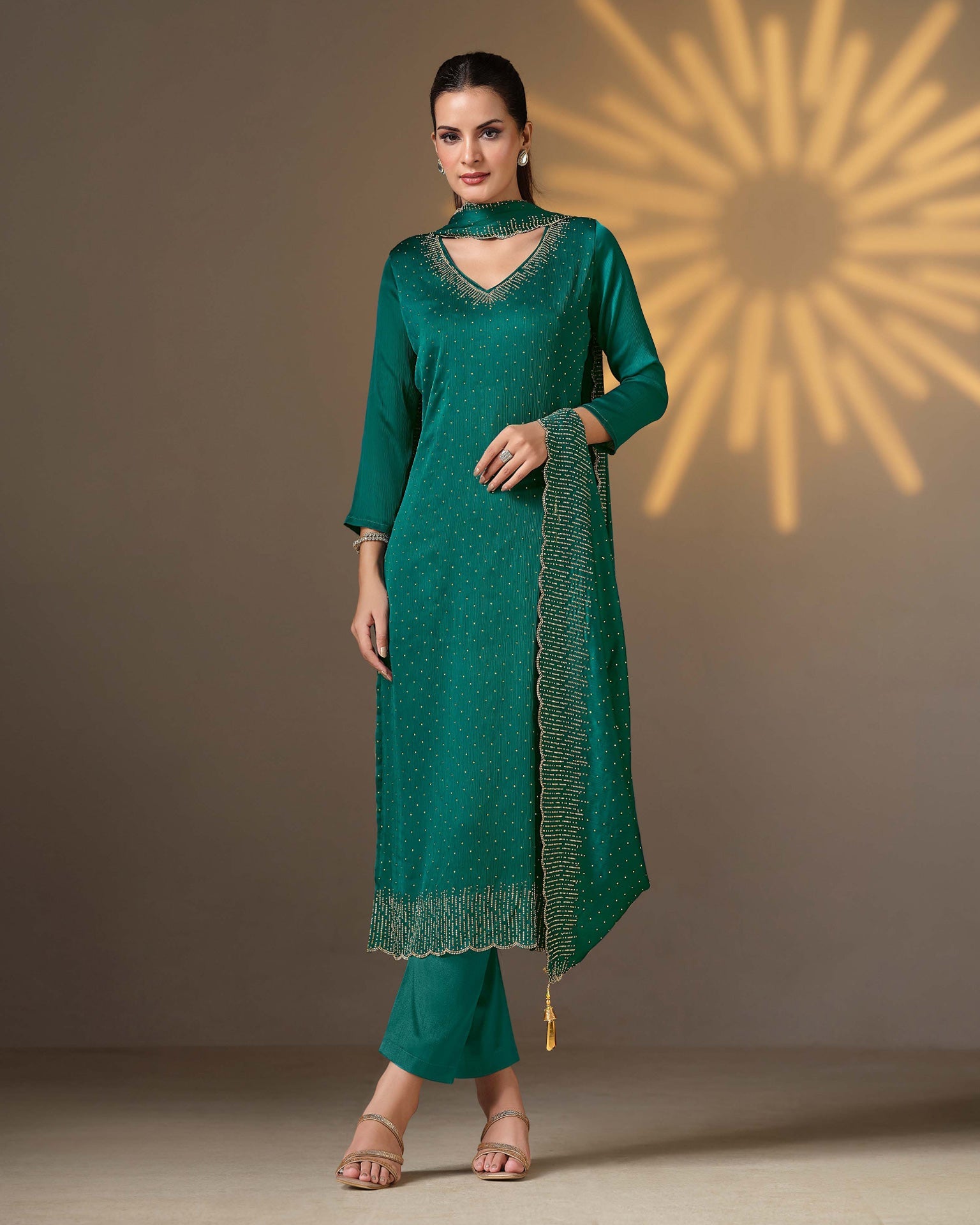 Rama Green Women Plus Size Customized Swarovski Work Satin Chiffon Churidar Suit With Chiffon Dupatta