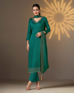 Rama Green Women Plus Size Customized Swarovski Work Satin Chiffon Churidar Suit With Chiffon Dupatta