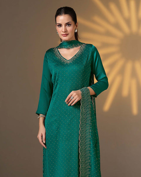 Rama Green Women Plus Size Customized Swarovski Work Satin Chiffon Churidar Suit With Chiffon Dupatta