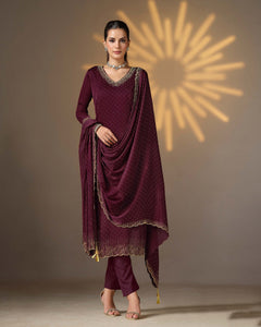 Wine Women Plus Size Customized Swarovski Work Satin Chiffon Churidar Suit With Chiffon Dupatta