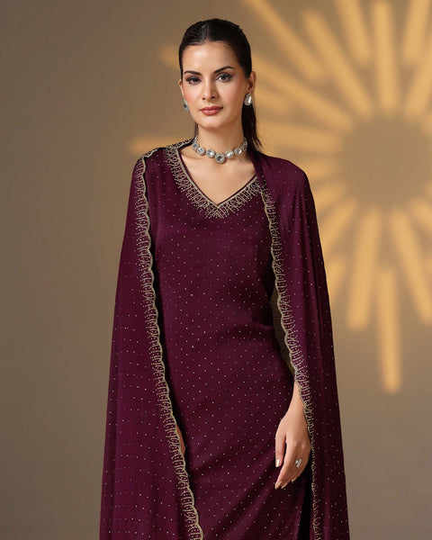 Wine Women Plus Size Customized Swarovski Work Satin Chiffon Churidar Suit With Chiffon Dupatta