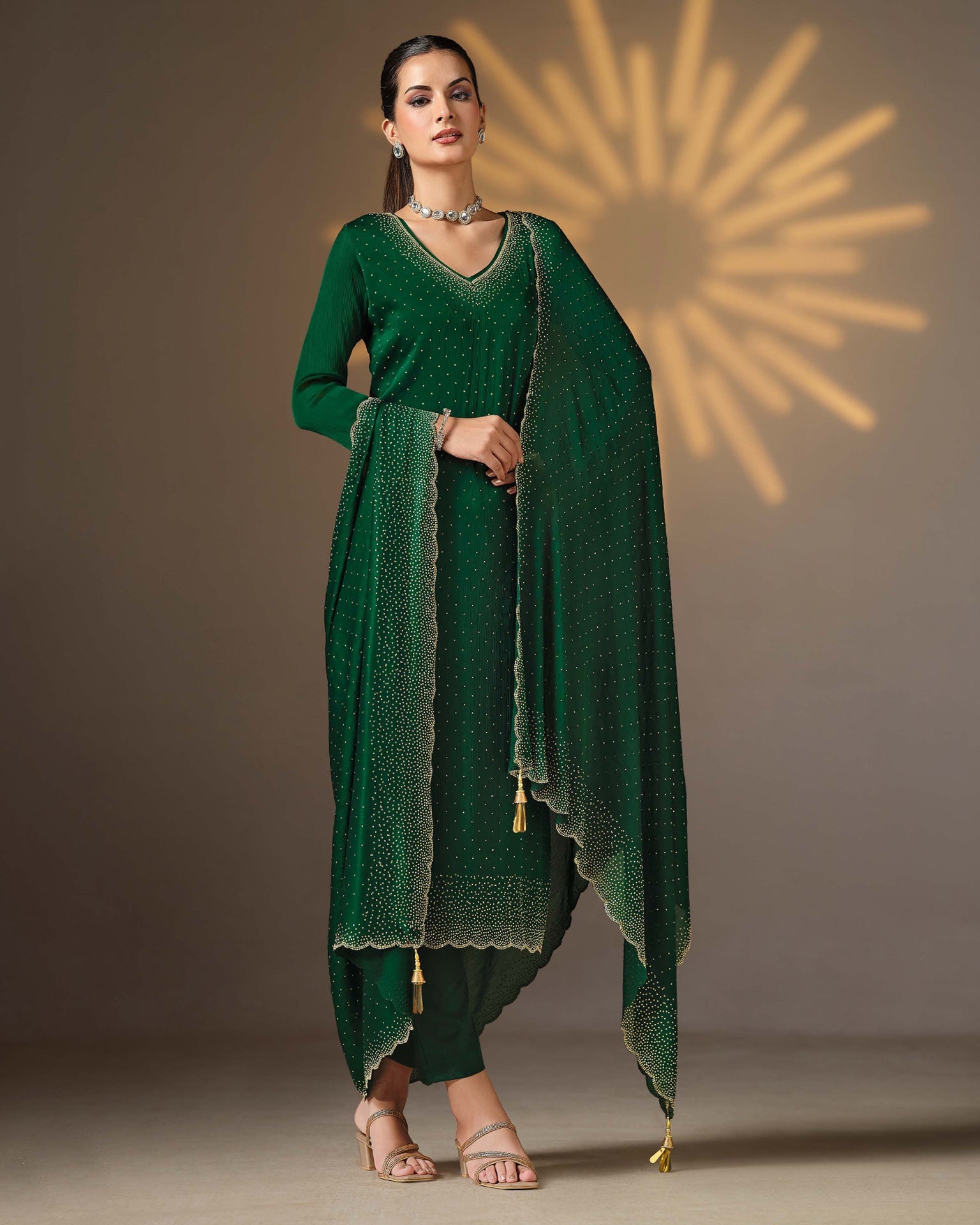 Green Women Plus Size Customized Swarovski Work Satin Chiffon Churidar Suit With Chiffon Dupatta