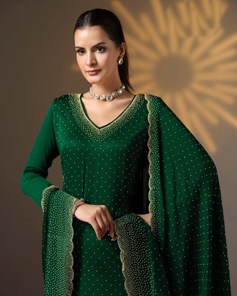 Green Women Plus Size Customized Swarovski Work Satin Chiffon Churidar Suit With Chiffon Dupatta