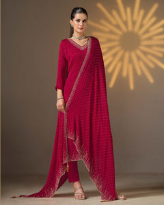 Red Women Plus Size Customized Swarovski Work Satin Chiffon Churidar Suit With Chiffon Dupatta