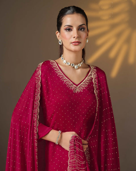 Red Women Plus Size Customized Swarovski Work Satin Chiffon Churidar Suit With Chiffon Dupatta