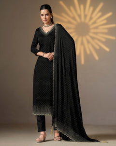 Black Women Plus Size Customized Swarovski Work Satin Chiffon Churidar Suit With Chiffon Dupatta