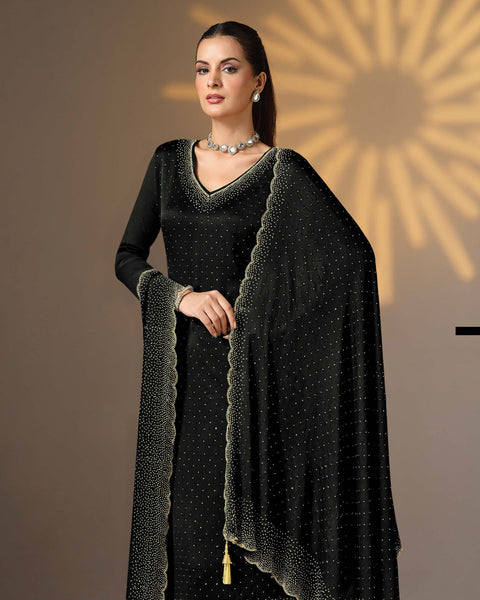 Black Women Plus Size Customized Swarovski Work Satin Chiffon Churidar Suit With Chiffon Dupatta