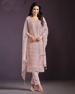 Pastel Pink Women Plus Size Customized Lucknowi Work Chiffon Churidar Suit With Dupatta