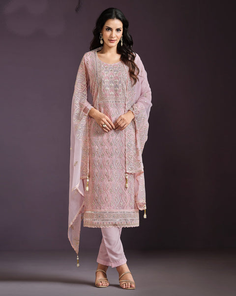 Pastel Pink Women Plus Size Customized Lucknowi Work Chiffon Churidar Suit With Dupatta