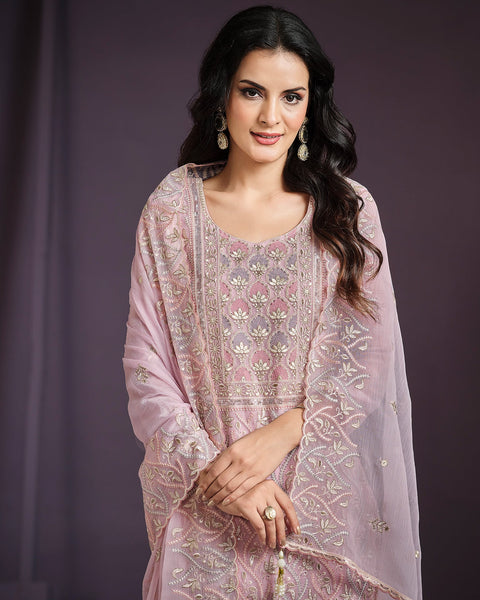 Pastel Pink Women Plus Size Customized Lucknowi Work Chiffon Churidar Suit With Dupatta