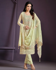 Pastel Green Women Plus Size Customized Lucknowi Work Chiffon Churidar Suit With Dupatta