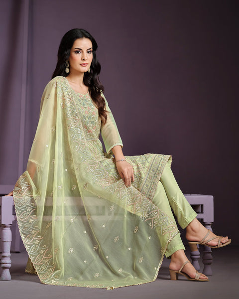 Pastel Green Women Plus Size Customized Lucknowi Work Chiffon Churidar Suit With Dupatta