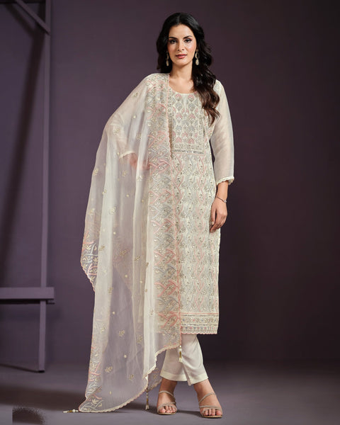 White Women Plus Size Customized Lucknowi Work Chiffon Churidar Suit With Dupatta