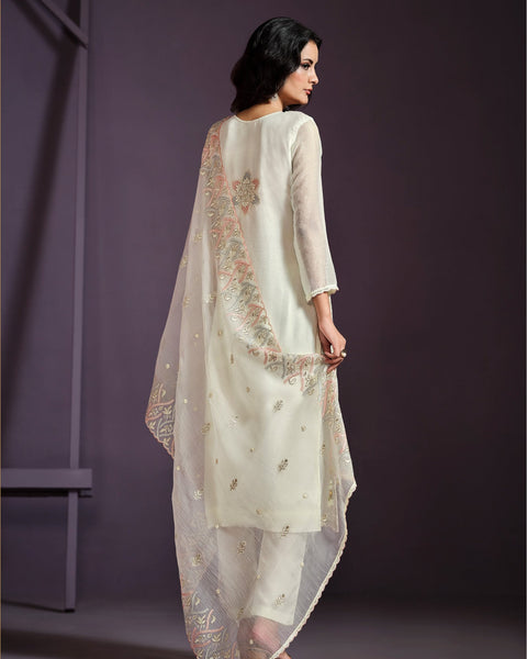 White Women Plus Size Customized Lucknowi Work Chiffon Churidar Suit With Dupatta