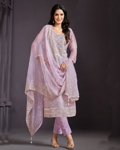 Light Purple Women Plus Size Customized Lucknowi Work Chiffon Churidar Suit With Dupatta