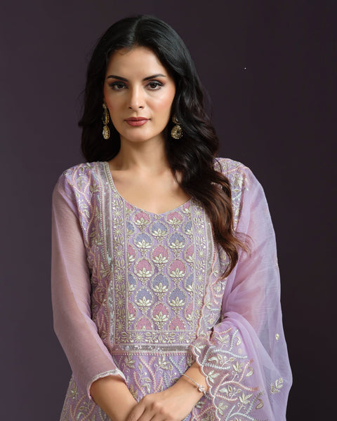 Light Purple Women Plus Size Customized Lucknowi Work Chiffon Churidar Suit With Dupatta