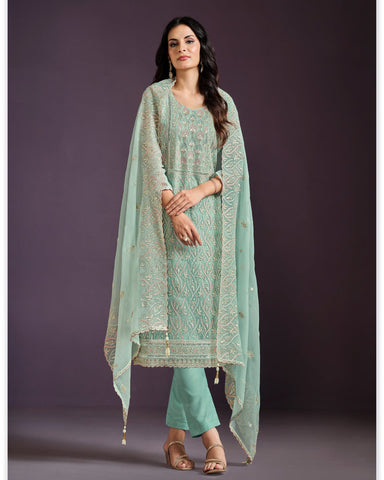 Sea Green Women Plus Size Customized Lucknowi Work Chiffon Churidar Suit With Dupatta