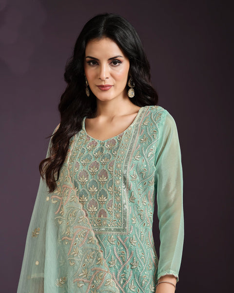 Sea Green Women Plus Size Customized Lucknowi Work Chiffon Churidar Suit With Dupatta