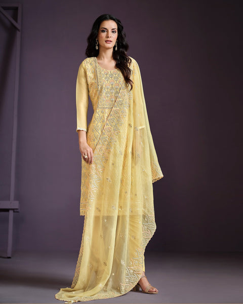 Pastel Yellow Women Plus Size Customized Lucknowi Work Chiffon Churidar Suit With Dupatta