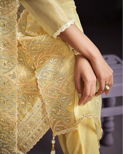 Pastel Yellow Women Plus Size Customized Lucknowi Work Chiffon Churidar Suit With Dupatta