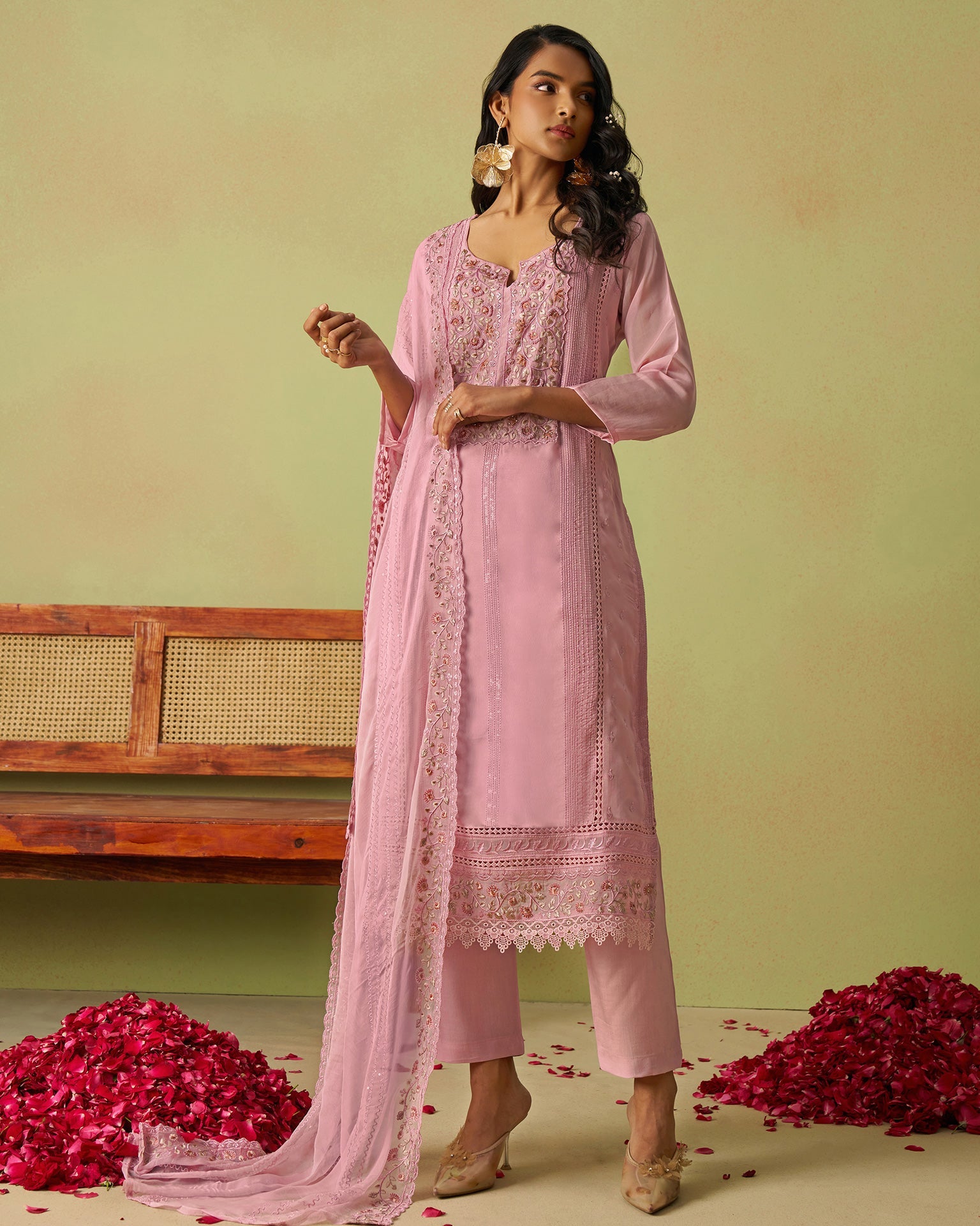 Pink Pure Organza Women Unstitched Churidar Suit With Chiffon Dupatta