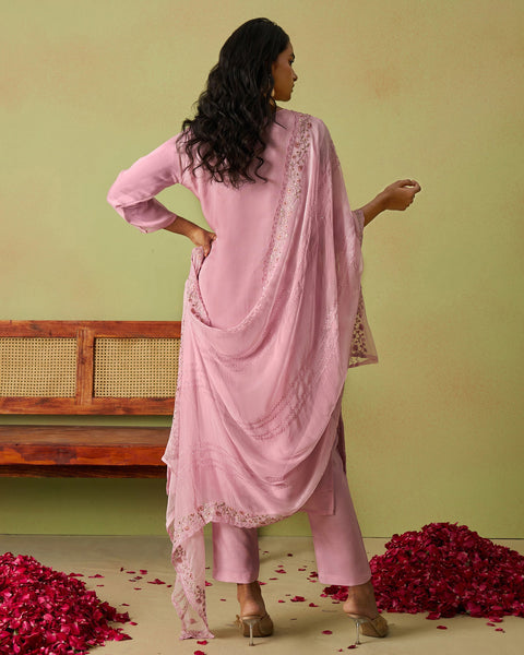 Pink Pure Organza Women Unstitched Churidar Suit With Chiffon Dupatta