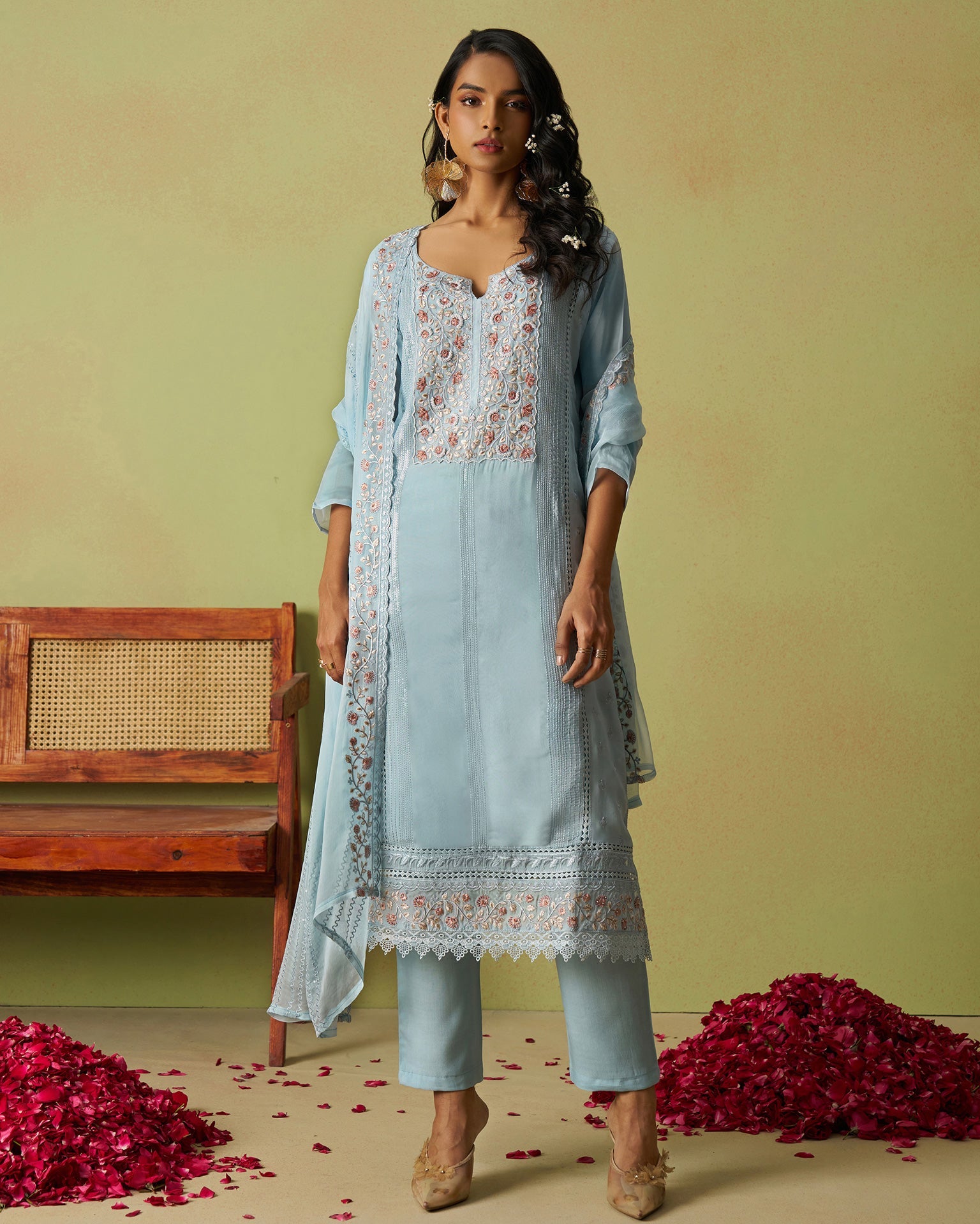 Blue Pure Organza Women Unstitched Churidar Suit With Chiffon Dupatta