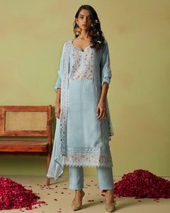 Blue Pure Organza Women Unstitched Churidar Suit With Chiffon Dupatta
