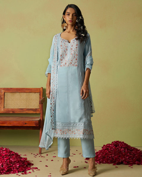 Blue Pure Organza Women Unstitched Churidar Suit With Chiffon Dupatta