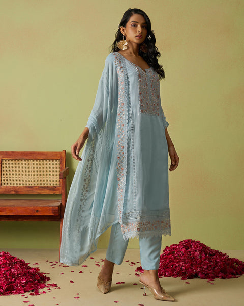 Blue Pure Organza Women Unstitched Churidar Suit With Chiffon Dupatta