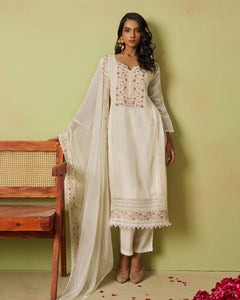 Cream Pure Organza Women Unstitched Churidar Suit With Chiffon Dupatta